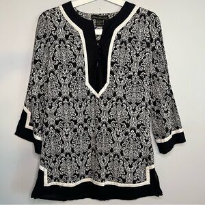 Marisa Christina Women’s Linen Blouse Tunic Size S Black White Unique Design